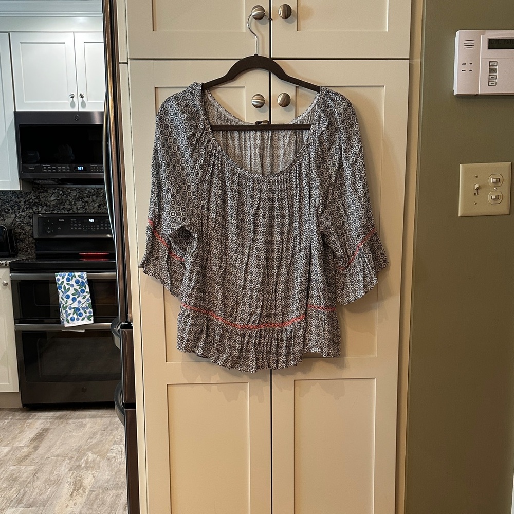 Democracy Black and White Blouse with Orange Accents